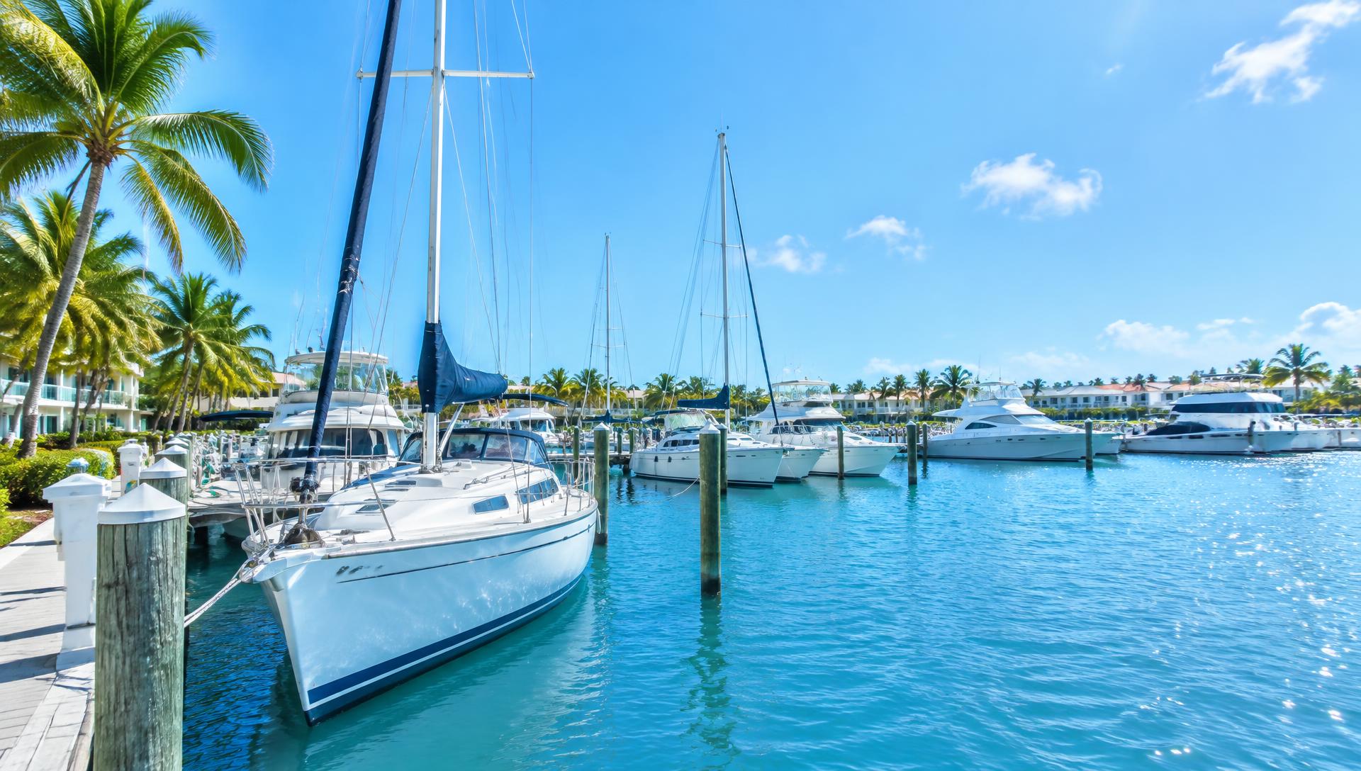Sailboats and yachts docked at a sunny Florida marina