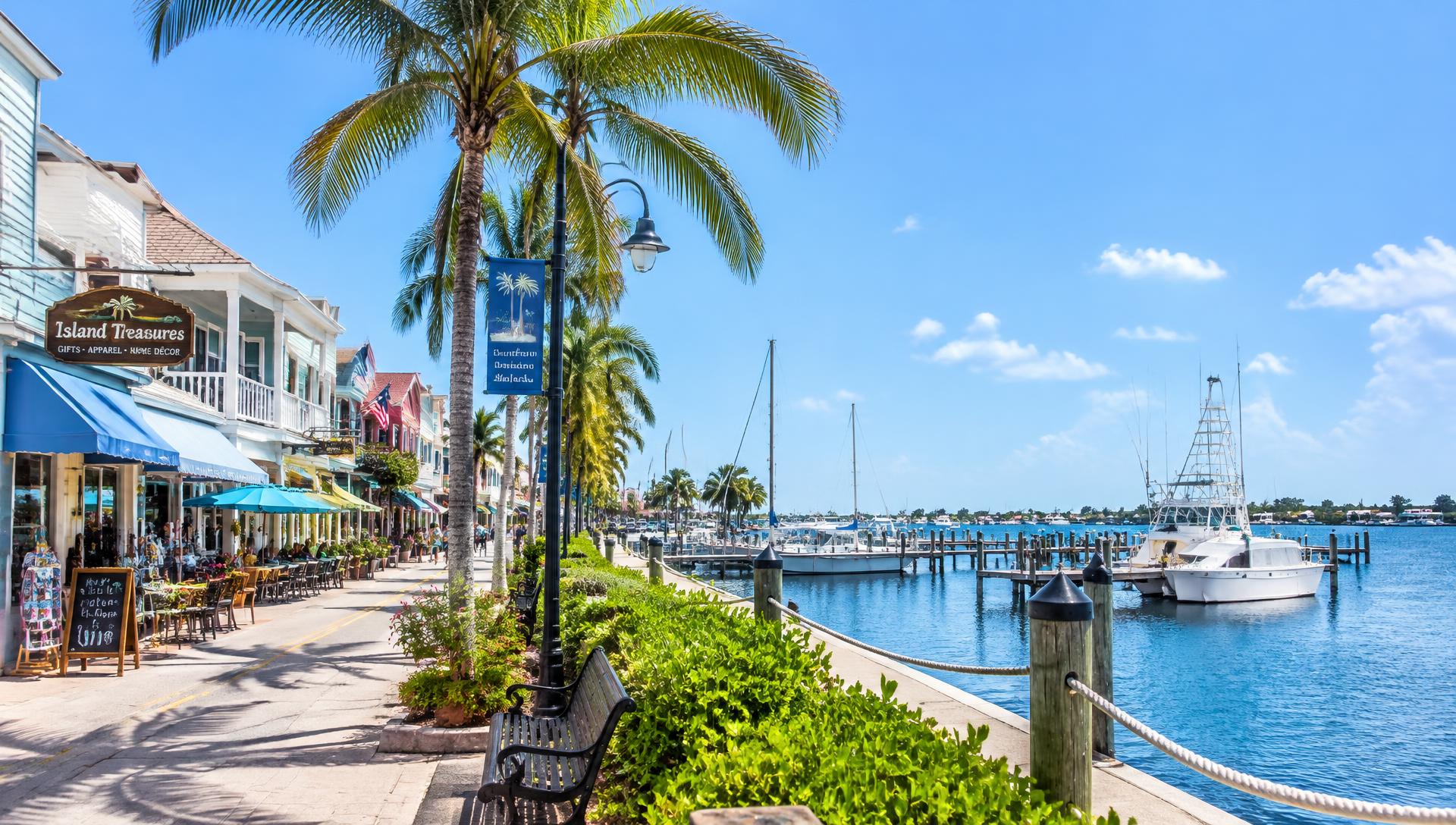 Palm-lined Florida waterfront downtown with shops and boats
